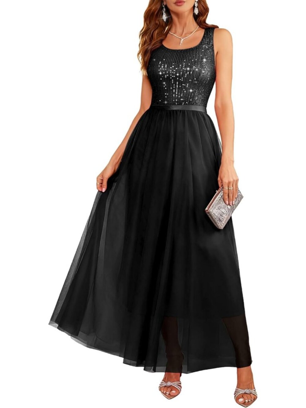Women's Long Black A LINE Sequin Silhouette Shimmer Mesh Cocktail Maxi Dress